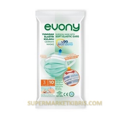 EVONY YUMUŞAK ELASTİK KULAKLI CERRAHİ MASKE 3 KAT 10 ADET